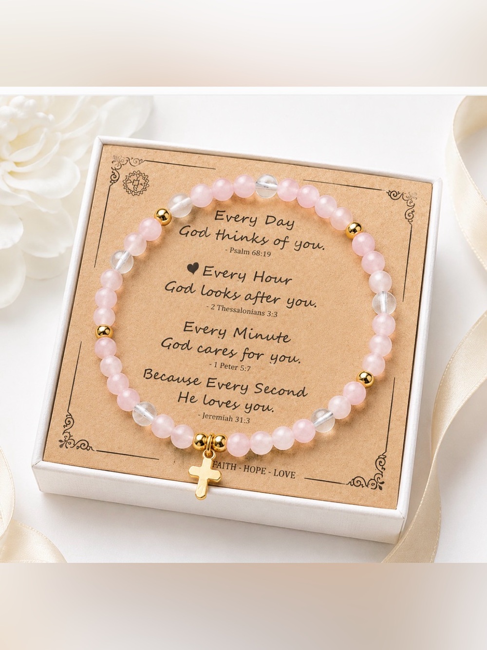 Faith Rose Quartz Stretch Bracelet with Gold Cross